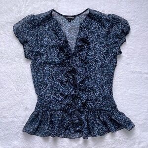 Express Ruffle Peplum Blouse Womens Blue Floral V-Neck Cap Sleeve Top M